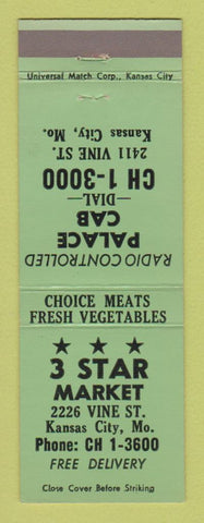 Matchbook Cover - 3 Star Market Grocery Kansas City MO Palace Cab Taxi