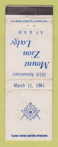 Matchbook Cover - Mount Zion Lodge 1961 WEAR