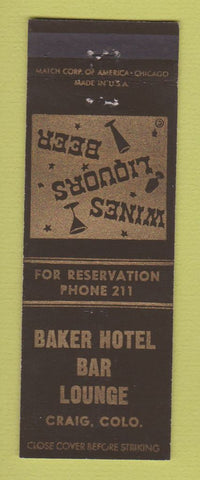 Matchbook Cover - Baker Hotel Bar Lounge Craig Colorado