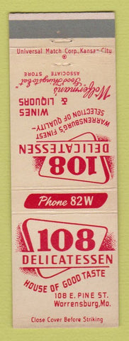 Matchbook Cover - 108 Delicatessen Deli Warrensburg MO