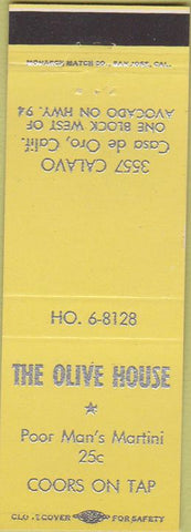 Matchbook Cover - The Olive House Bar Casa de Ore CA yellow