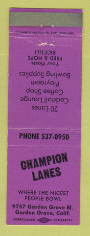 Matchbook Cover - Champion Lanes Bowling Garden Grove CA