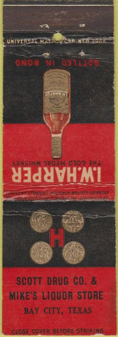 Matchbook Cover - Harper's Whiskey Scotts Drug BAY CITY TX