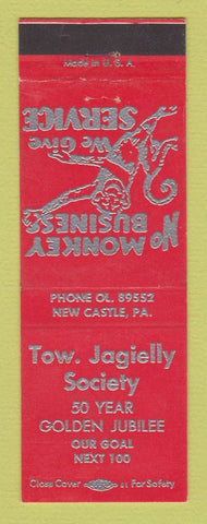Matchbook Cover - Tow Jagielly Society New Castle PA RED