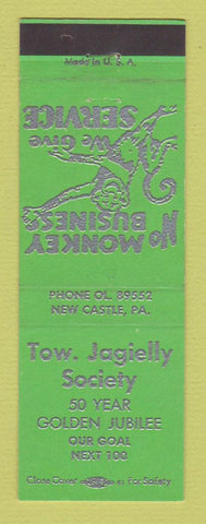 Matchbook Cover - Tow Jagielly Society New Castle PA GREEN