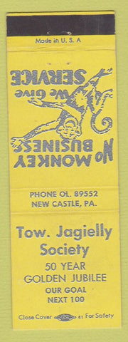 Matchbook Cover - Tow Jagielly Society New Castle PA YELLOW