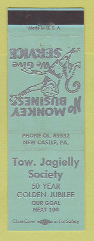 Matchbook Cover - Tow Jagielly Society New Castle PA BLUE