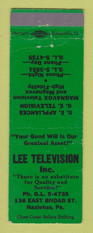 Matchbook Cover - Lee Television TV Hazleton PA