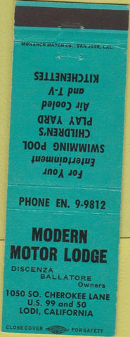 Matchbook Cover - Modern Motor Lodge Lodi CA green