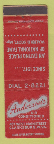 Matchbook Cover - Anderson's Restaurant Clarksburg WV WORN