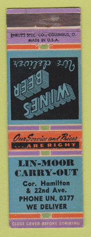 Matchbook Cover - Lin Moor Carry Out Liquor Budweiser Schlitz Beer