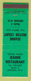 Matchbook Cover - Jeanne Motor Court Restaurant Lincoln NH