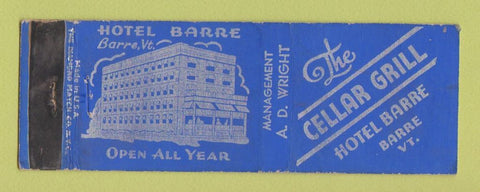 Matchbook Cover - Hotel Barre VT Cellar Grill
