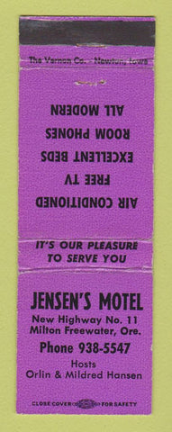 Matchbook Cover - Jensen's Motel Milton Freewater OR
