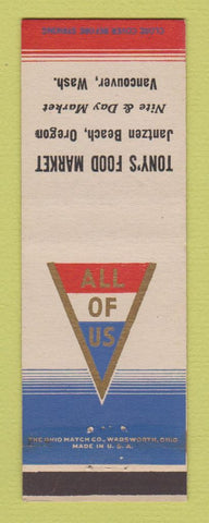 Matchbook Cover - Tony's Food Market Vancouver WA Jantzen Beach OR WWII