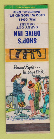 Matchbook Cover - Shop's Drive Inn Columbus OH hillbilly WORN