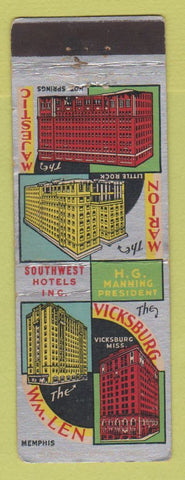 Matchbook Cover Hotels Vicksburg MS Little Rock Hot Springs AR WORN BACK