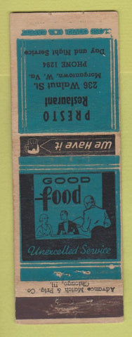 Matchbook Cover - Presto Restaurant Morgantown WV