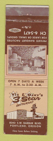 Matchbook Cover - Vic & Ocky's 3 Star Restaurant Portland OR