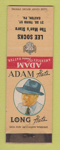 Matchbook Cover - Adam Men's Hats Lee Socks Easton PA WEAR