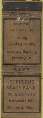 Matchbook Cover - Citizens State Bank of Brainard MN OLD