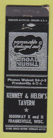 Matchbook Cover - Kenney & Helen's Tavern Franksville WI