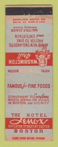 Matchbook Cover - Hotel Lenox Boston MA Washington Grill