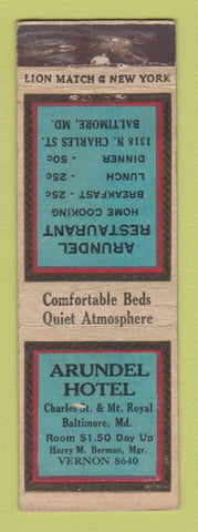 Matchbook Cover - Arundel Hotel Baltimore MD WORN