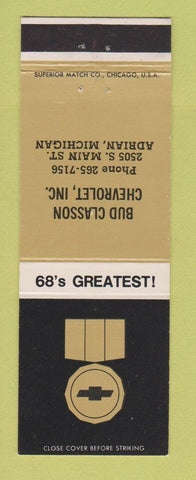 Matchbook Cover - 1968 Chevrolet Bud Classon Adrian MI