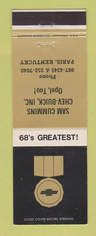 Matchbook Cover - 1968 Chevrolet Sam Cummins Buick Opel Paris KY