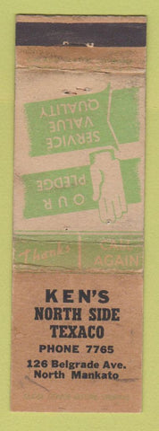 Matchbook Cover - Ken's North sIde Texaco oil gas North Mankato MN POOR