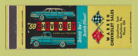 Matchbook Cover - 1959 Chevrolet Warren Gettysburg PA
