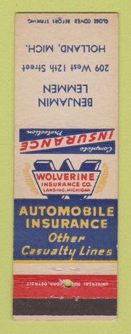 Matchbook Cover - Wolverine Insurance Benjamin Lemmen Holland MI