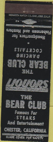Matchbook Cover - The Bear Club Restaurant Bar Chester CA