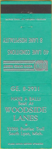 Matchbook Cover - Woodside Lanes Bowling South Lyon MI