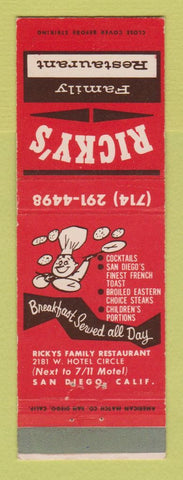 Matchbook Cover - Ricky's Family Restaurant San Diego CA