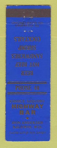 Matchbook Cover - Highway Bar Baldwin WI
