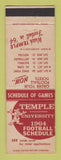 Matchbook Cover - Temple University Football Schedule 1964 Philadelphia PA