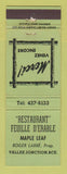 Matchbook Cover - Restaurant Feuille D'Erable Vallee Jonction QC