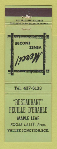 Matchbook Cover - Restaurant Feuille D'Erable Vallee Jonction QC