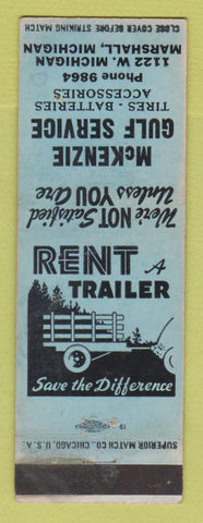 Matchbook Cover - McKenzie Gulf oil gas Marshall MI Rental Trailers WEAR