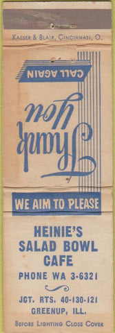Matchbook Cover - Heinie's Salad Bowl Cafe Greenup IL WORN