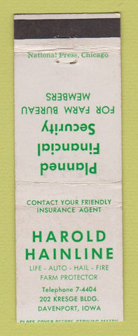 Matchbook Cover - Harold Hainline Insurance Davenport IA WEAR