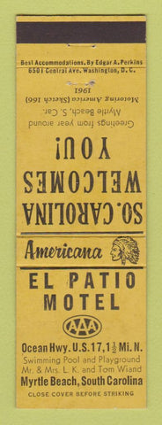 Matchbook Cover - El Patio Motel Myrtle Beach SC Perkins Americana YELLOW