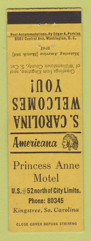 Matchbook Cover - Princess Anne Motel Kingstree SC Perkins Americana YELLOW