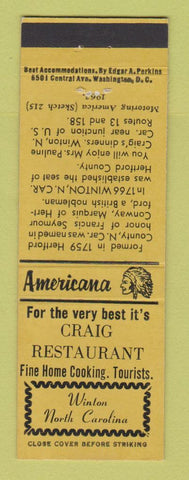 Matchbook Cover - Craig Restaurant Winton NC Perkins Americana YELLOW