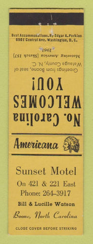 Matchbook Cover - Sunset Motel Boone NC Perkins Americana YELLOW