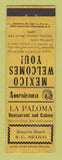 Matchbook Cover - La Paloma Rosarita Beach Mexico WEAR Perkins Americana YELLOW