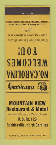 Matchbook Cover - Mountain View Motel Robbinsville NC Perkins Americana YELLOW