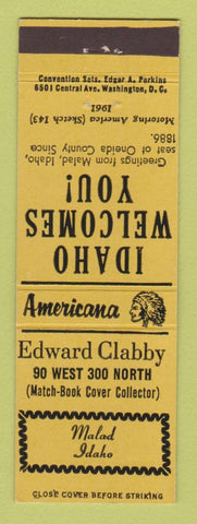 Matchbook Cover Edward Clabby Match Collector Malad ID Perkins Americana YELLOW